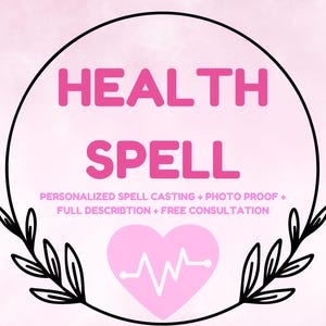 Op de afbeelding: Een roze en witte afbeelding met de woorden "HEALTH SPELL" in grote roze letters. Hieronder staat "PERSONALIZED SPELL CASTING + PHOTO PROOF + FULL DESCRIPTION + FREE CONSULTATION." Een roze hart met een witte hartslaglijn staat in het midden.