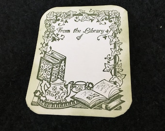 Elegant Bookplates-Tea Time Theme-Sage Green Hand Stamped Original Bookplates-From The Library Of Stickers-Teachers Gifts-Book Collectors