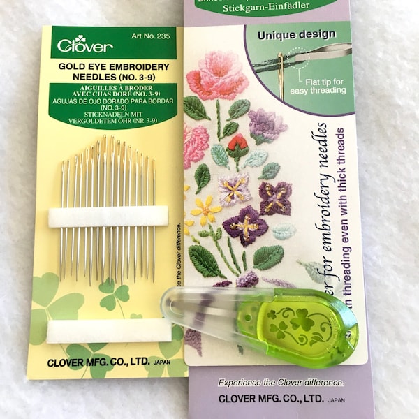 Clover Gold Eye Embroidery Needles (No. 3-9) 16 Pack-Clover Embroidery Needle Threader-Sewing Accessory- Flat Tip Needle- Floss Threader-