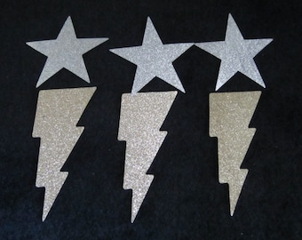 Glitter-Iron-On-Lightning Bolts and Stars Appliques-Silver-Gold-Glitter Heat Transfer-Iron-On Vinyl Applique-Costume Appliques