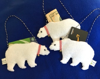 Felt Polar Bear Christmas Gift Card Holder-Felt Pocket-Handmade Ornament-Polar Bear Gift-Reusable Packaging- Money Holder Pouch