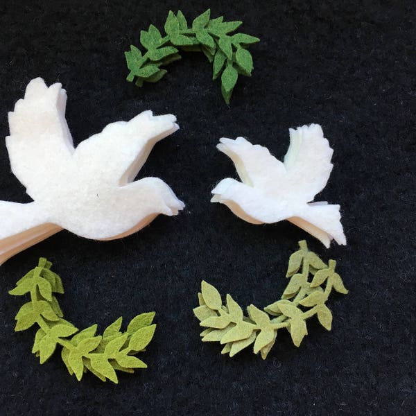 Wool Felt Doves and Olive Branch Applique-Penny Rug-Primitive Stitching Quilting Embellishment-Needle Felt-DIY Crafts-Illustrated Art Faith