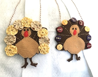 Felt Turkey Ornament-Fabric Yo-Yo Decorative Turkey Hanging-Handmade Holiday Gift-Hostess Gift-Personalized Gift-Hand Stitched Turkey