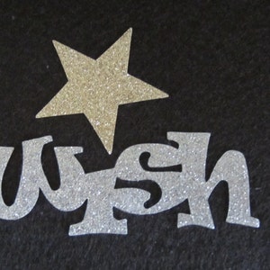 Op de afbeelding: Zilveren glitterletters die "wish" spellen met een gouden glitterster erboven op een zwarte achtergrond.
