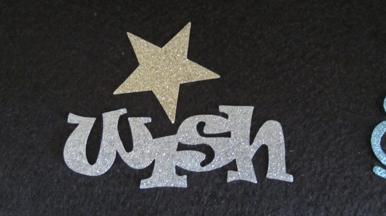 Op de afbeelding: Zilveren glitterletters die "wish" spellen met een gouden glitterster erboven op een zwarte achtergrond.