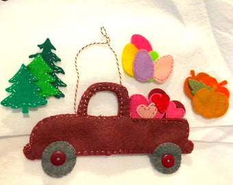 Felt Farm Truck Ornament-Gift Card Holder-Heirloom Ornament-Handmade Holiday-Personalized Gift-Farm Truck Gift You Choose Color-Man Gift