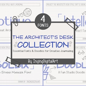 Puede incluir: Gráfico de arte digital que muestra "The Architect's Desk Collection" con cuatro fuentes y garabatos para el diario creativo. El diseño presenta texto azul sobre un fondo blanco con un patrón de cuadrícula e incluye las palabras "Notive", "Utelle", "Boldix" y "Doodlio".