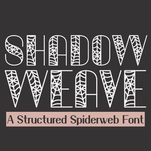 Könnte beinhalten: Der Text SHADOW WEAVE wird in einer weißen, umrandeten Schriftart mit Spinnennetz-Muster vor einem dunkelgrauen Hintergrund dargestellt. Darunter erscheint der Text A Structured Spiderweb Font in einer einfachen weißen Schrift auf einem hellrosa Balken.
