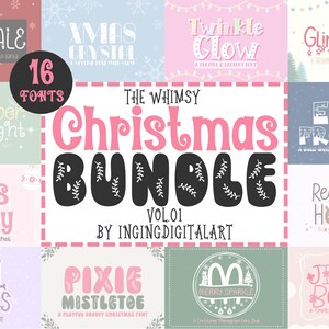 May include: A digital graphic design featuring 16 Christmas fonts. The central text reads "The Whimsy Christmas Bundle Vol. 01" in pink and black. Various font styles are displayed in pastel colors, including "Jollytale" and "Kiss Merry".