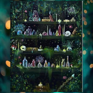 Fantasy Potion Shelf Print: Witchy Cottagecore Wall Art