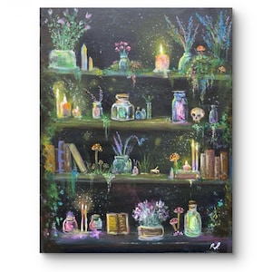 Witchy Potion Shelf Art Print – Fantasy Apothecary Wall Decor | Whimsygoth Cottagecore Artwork | Magical Herb & Crystal Shelf