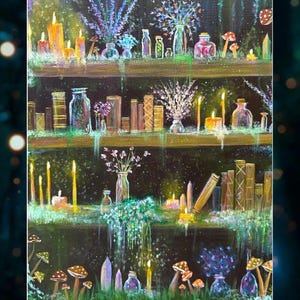 Enchantress Shelf Art Print: Witchy Potion Bookshelf, Cottagecore Decor
