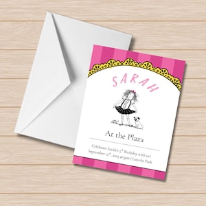 Faire-part d'anniversaire d'Eloïse à la Plaza | Invitation élégante rayée rose | Invitation modifiable pour le 5e anniversaire | Fête inspirée de l'hôtel Plaza