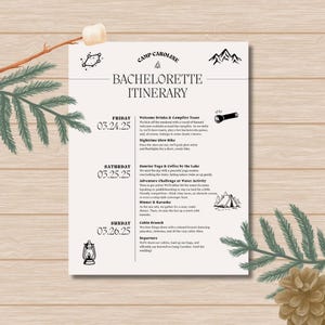 Itinéraire personnalisable du camp Bachelorette | Modèle d'itinéraire modifiable | Programme du week-end sur le thème de la nature | Agenda de fête à téléchargement numérique