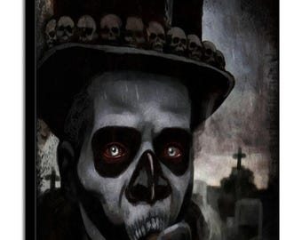 May include: A canvas print depicts a skull-faced figure in a top hat adorned with skulls, smoking a cigar. The figure has red eyes and is set against a dark, graveyard backdrop. A red cross is on the hat.