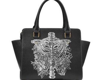Rib Cage and Flowers Shoulder Handbag