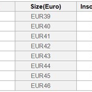 K&ouml;nnte beinhalten: Eine Schuhgr&ouml;&szlig;entabelle, die die entsprechenden Gr&ouml;&szlig;en in US, UK und europ&auml;ischen Gr&ouml;&szlig;en zeigt. Die Tabelle enth&auml;lt auch die Innensohlenl&auml;nge in Millimetern und Zoll.