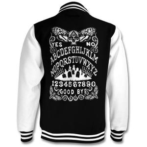 May include: Black and white varsity jacket with a white ouija board design on the back. The design features a skull, butterflies, and the text "YES", "NO", "GOOD BYES", and the letters of the alphabet and numbers 1-9 and 0.