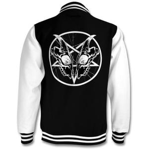 May include: Black and white varsity jacket with a white pentagram and skull design on the back.