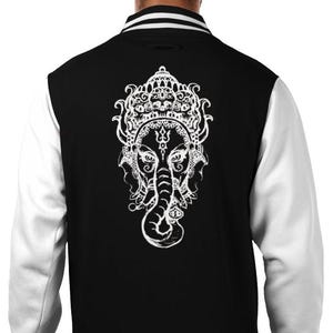May include: A black and white varsity jacket with a white design of the Hindu deity Ganesha on the back.