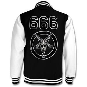 May include: Black and white varsity jacket with a white collar and sleeves. The back of the jacket features the number 666 and a pentagram with a goat's head inside.