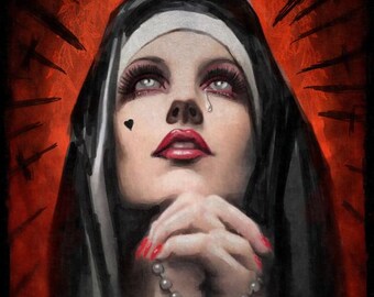 May include: Illustration of a nun with a black habit and white wimple, looking upwards with a tear rolling down her cheek. She has red lipstick and nail polish, and a small black heart on her cheek. A rosary with a skull pendant hangs from her clasped hands.