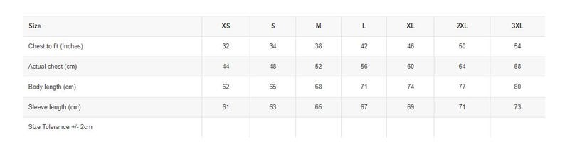 May include: Size chart for clothing with measurements in inches and centimeters. The chart shows sizes from XS to 3XL, with corresponding chest measurements, actual chest measurements, body length, and sleeve length.