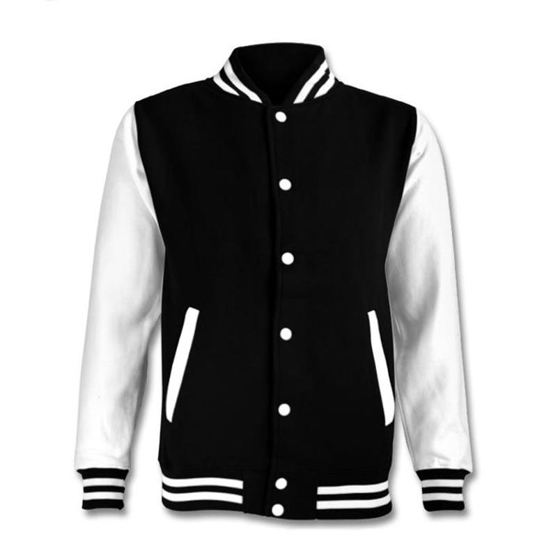 May include: A black and white varsity jacket with a white collar and white sleeves. The jacket has a button closure and striped trim around the cuffs and bottom.
