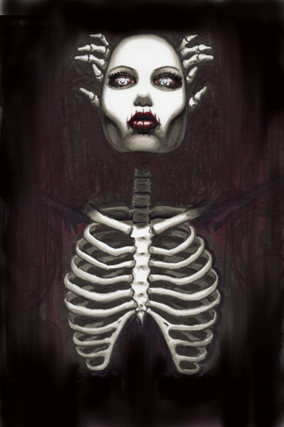 Sinister Skeleton Pin Up stretched canvas print.