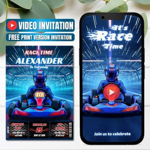 Puede incluir: Una invitación digital para una fiesta de cumpleaños con temática de carreras. El diseño presenta un corredor de karts con traje y casco azules. La invitación incluye el texto "Race Time" y el nombre "Alexander". También se muestra la fecha y la hora.
