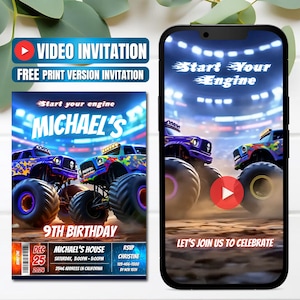 Può includere: Invito digitale per una festa del 9° compleanno, con monster truck. L'invito include il testo "Start Your Engine" e il nome "Michael's". La data è il 25 dicembre 2024, con i dettagli RSVP.