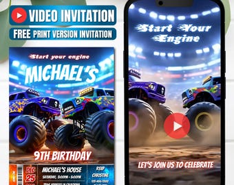 Monster Truck video-verjaardagsuitnodiging, direct downloaden
