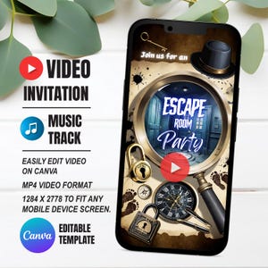Può includere: Uno schermo di smartphone mostra un invito a una "Escape Room Party". Il design include una lente d'ingrandimento, lucchetti, un orologio e il testo "Video Invitation" e "Music Track". L'invito è un modello modificabile.