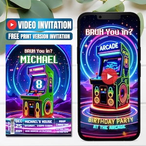 May include: Digital invitation for a birthday party at an arcade. The design features a neon green arcade machine with the text "BRUH You in?" and "MICHAEL" on a vibrant, colourful background. The invitation is also available as a video.