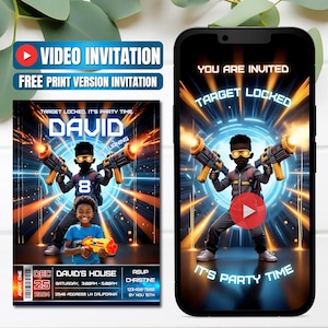 May include: A digital invitation for a birthday party with a video option. The design features a young person holding toy guns, with the text "TARGET LOCKED. IT'S PARTY TIME" and the name "DAVID". The invitation includes event details.