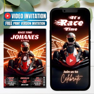 May include: Digital invitation for a race-themed birthday party. The design features a go-kart racer, the text "Race Time," and the name "Johanes." Includes event details and a video invitation option. The invitation is displayed on a phone screen.