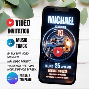 May include: A smartphone displays a birthday invitation with the name "MICHAEL" and age "10". The invitation features a blue and gold futuristic weapon design. Additional text includes event details and "EDITABLE TEMPLATE".