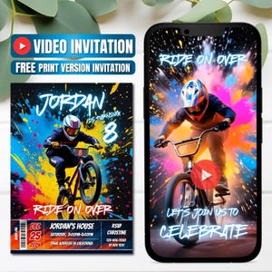 以下が含まれることがあります： BMXライダーとカラフルなペイントスプラッシュ効果を特徴とする誕生日招待状のデザイン。「Ride on Over」、「Jordan is turning 8」のテキストとイベントの詳細が含まれています。ビデオ招待状オプションもスマートフォンに表示されます。