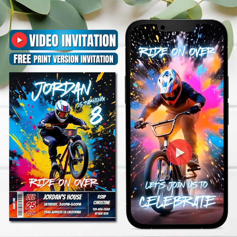 以下が含まれることがあります： BMXライダーとカラフルなペイントスプラッシュ効果を特徴とする誕生日招待状のデザイン。「Ride on Over」、「Jordan is turning 8」のテキストとイベントの詳細が含まれています。ビデオ招待状オプションもスマートフォンに表示されます。