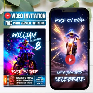 May include: A digital invitation for an 8th birthday party with a motocross theme. The design features a vibrant color scheme with a rider on a motorcycle. The invitation includes the text "Race on Over," event details, and a video invitation option.