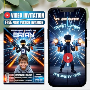 Dart Gun Video Birthday Invitation, Instant Download