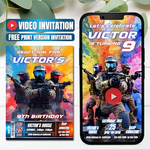 Può includere: Invito digitale di compleanno per il 9° compleanno di Victor. Il design presenta soldati con pistole, il testo "Ready, Aim, Fire" e i dettagli dell'evento. Include un'opzione di invito video e una versione stampabile gratuita.
