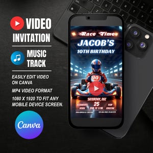以下が含まれることがあります： レースをテーマにした10歳の誕生日パーティーのデジタルビデオ招待状。招待状には、トラック上のカートレーサーの漫画画像と「Race Time Jacob's 10th Birthday」というテキストが記載されています。