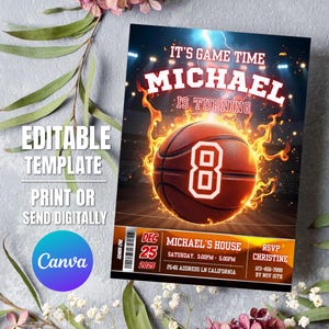 Faire-part d'anniversaire de basket-ball modifiable, téléchargement immédiat