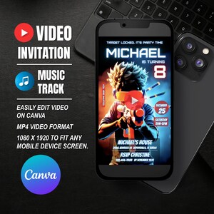 May include: A video invitation for a birthday party with a gamer theme. The invitation features a cartoon character holding a gun and wearing a virtual reality headset. The text on the invitation says "Target Locked, It's Party Time! Michael is Turning 8".