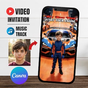 以下が含まれることがあります： スマートフォンには、レースカーをテーマにした招待状が表示されています。画面には、レーシングスーツを着た若い人がレーシングカーの前に立っている様子が映っています。画面のテキストは「It's Race Time! Start Your Engine」と表示されています。ビデオ招待アイコン、音楽トラックアイコン、若い人の写真も含まれています。