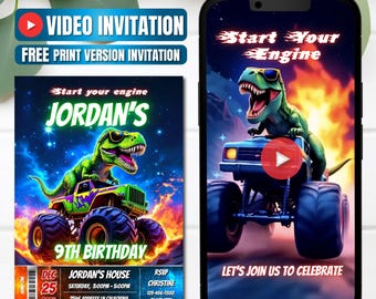 Monster Truck T-rex Birthday Video Invitation, Instant Download