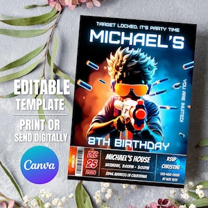 May include: Editable birthday party invitation template featuring a cartoon boy holding a toy gun in front of a blue and orange background. The text "TARGET LOCKED. IT'S PARTY TIME MICHAEL'S 8TH BIRTHDAY" is displayed in a neon-style font. The invitation includes the date, time, location, and RSVP information.