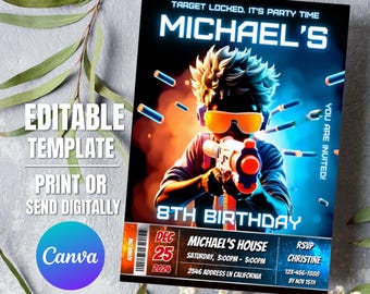 Dart Gun Birthday Invitation Editable, Instant Download