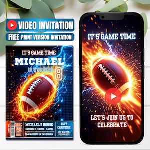 Könnte beinhalten: Digitale Geburtstagseinladung zum Thema Football. Die Einladung zeigt einen Football mit Flammen und Blitzen, mit dem Text "IT'S GAME TIME" und dem Namen "MICHAEL". Die Einladung enthält auch Eventdetails.